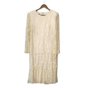 Vintage Jill Robbins Cream Lace Drop Waist Fringe Dress Flapper Wedding Large